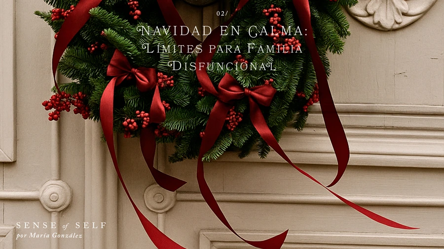 Corona de Navidad elegante en una puerta de madera, simbolizando la paz y los límites sanos.